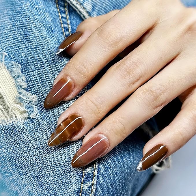 Press On Nails Medium Almond Brown Cafe with Silver Glitter French Tip & More| Reusable Soft Gel Nails in 15 Sizes -30 Nail Kit with Glue | Designed in L.A, Handmade in Vietnam | Espresso Chic