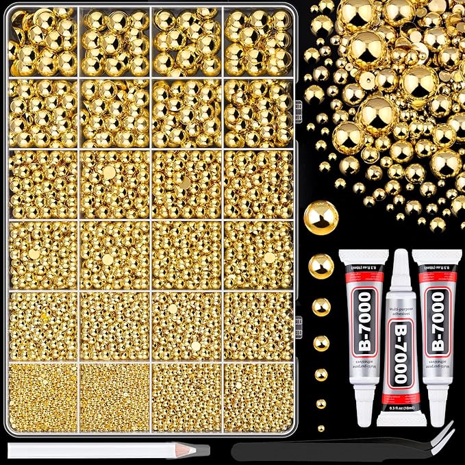 11000Pcs Flatback Pearls for Crafting (Gold), Assorted Size 2/3/4/5/6/8/10mm Half Pearl with 3Pcs 10ml B7000 Jewelry Glue, Bedazzling Bead for DIY Crafts Clothing Tumblers Shoes Embellishment Nail Art
