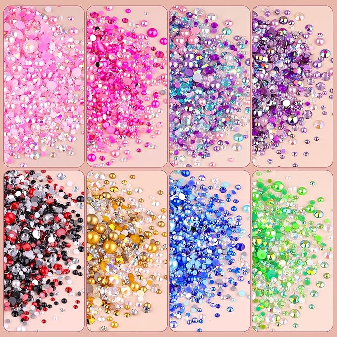 14000PCS Flatback Pearls and Pink Rhinestones for Bedazzling Kit, Hot Pink Mixed Size 3-10mm Resin Rhinestones and Half Pearls for Crafting, Nail Art Crafts Decoration