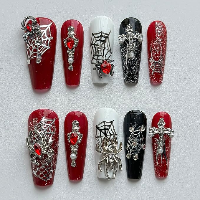 Luxury Halloween Press on Nails Medium Coffin Handmade 3D Unique Reusable ABS Material Fake Nails Gothic False Nails with Designs Spider Charms Spider Web Glossy Glue on Nail Thick Acrylic Nail(S)