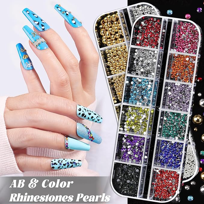 Nail Charms and Gems, Nail Art Kit with 30 Sheets Flower Nail Stickers, 6 Boxes 3D Nail Charms Colorful Clear Flatback Rhinestones Pearls, Diamonds,Picker Tools,Beads Pearls for Nails Art