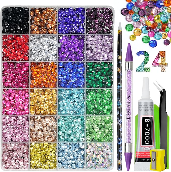 Resin Jelly Rhinestones for Bedazzling, EARLMONI Multi Colord Bedazzler Kit with 15ml B7000 Glue Rhinestone Pen Tool for Clothes Nail Art (C 24 Colors, 5MM)
