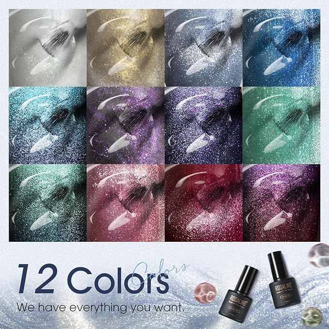 ROSALIND 42pcs gel nail polish set, 12 Colors Cat Eye Gel Polish with 4Pcs Gel Base and Glossy Matte Glitter Top Coat All Seasons Nude Blue Red Nails Gel Kit DIY Salon