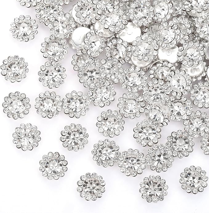 100 Pcs 12MM Sew on Rhinestones White Crystal Glass Metal Base Flower Shape，Flatback Rhinestones for Crafting，Sewing Accessories for Clothes and Shoes