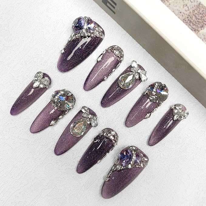 2025 Royal Purple Luxury Crystal Baroque Press-On Nails Handmade PMMA Acrylic Reusable Tips w/Box Gifts for Women (Royal Sparkle, M)