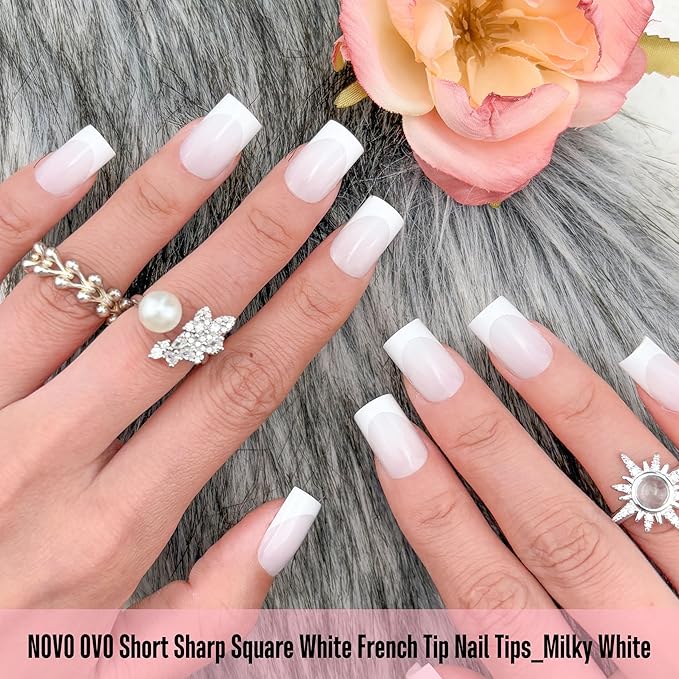 NOVO OVO Short Sharp Square White French Tip Nail Tips Press on MILKY WHITE, Need Builder Gel Top Coat Nail Glue, Soft Gel Fake Nail Extension, Full Cover False Nails for Salon DIY x 15 Sizes 240 pcs