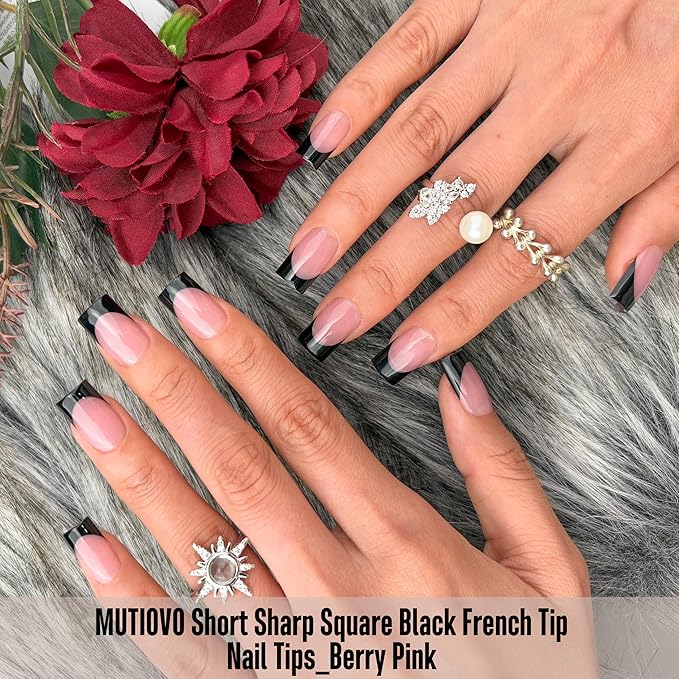 Black French Tip Short Straight Square Nail Tips Press on, BERRY PINK Extra Thick NEED Soft Gel Nail Extension, Need Builder gel & Top,Coat Full Cover False Nails, for DIY x 15 Sizes 150 pcs