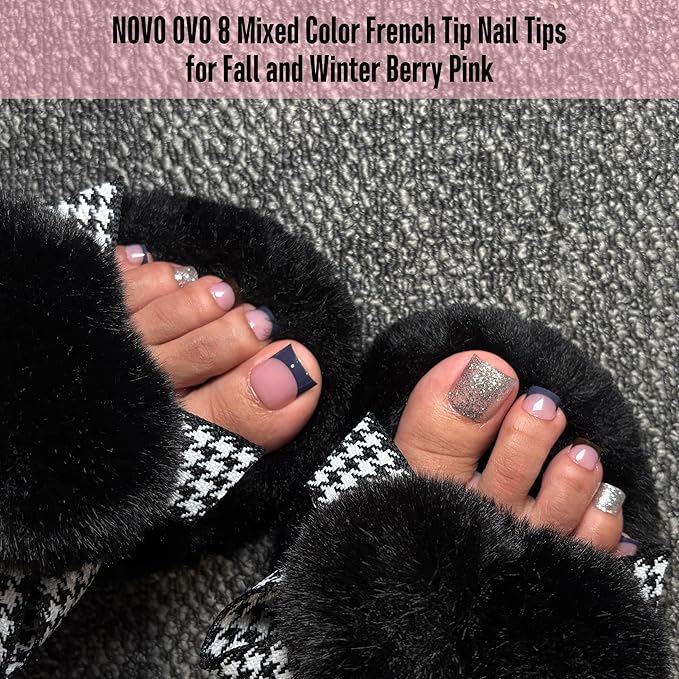 NOVO OVO Halloween Christmas Fall Autumn Colorful French Tip Toe Nail Tips Press on 8 MIXED WINTER COLOR, Sharp Square Toenail BERRY PINK Toenail Extension, Full Cover Acrylic DIY x 15 Sizes 240 pcs