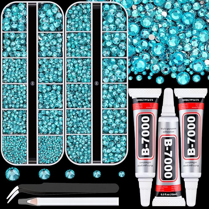 Resin Rhinestones for Crafting with B7000 Jewelry Glue, 2 Boxes Teal Blue Flatback Crystals with 3Pcs 10ml Glue for Bedazzling Crafts DIY Nail Art Makeup, Gems for Clothing Shoes
