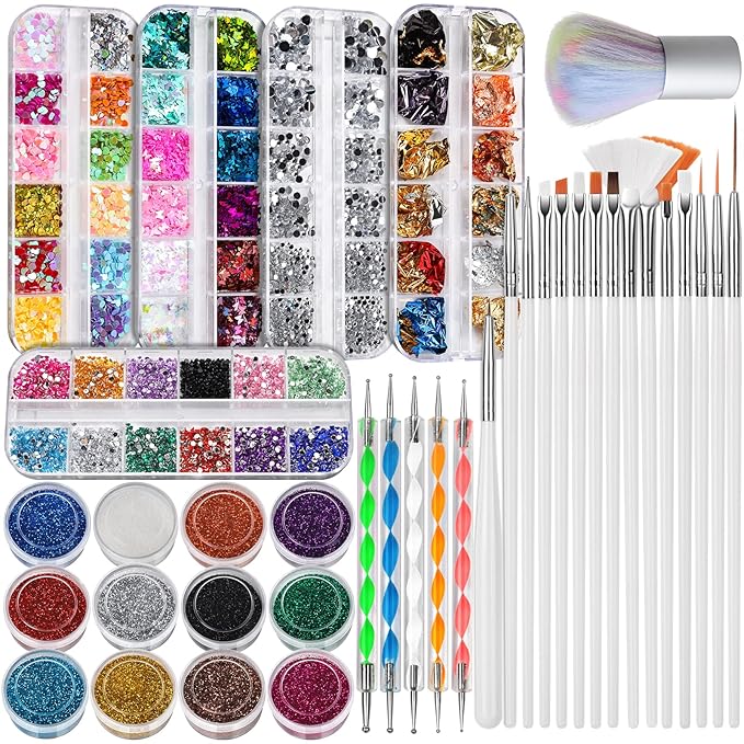 FANDAMEI Nail Art Brushes Kit, Nail Design Tools Set with Dotting Tools, Fine Nail Glitter Butterfly, Glitter Sequins, Foil Flakes, Nail Rhinestones, Dust Brush
