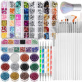 FANDAMEI Nail Art Brushes Kit, Nail Design Tools Set with Dotting Tools, Fine Nail Glitter Butterfly, Glitter Sequins, Foil Flakes, Nail Rhinestones, Dust Brush