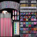 FANDAMEI Nail Charms and Nail Brushes, Nail Accessories Kit with 15 Pcs Nail Art Brushes, 6 Box Nail Charms and Gems, 10 Pcs Flower Nail Stickers, 5 Pcs Dotting Tools, Nail Art Kit with Nail Brush