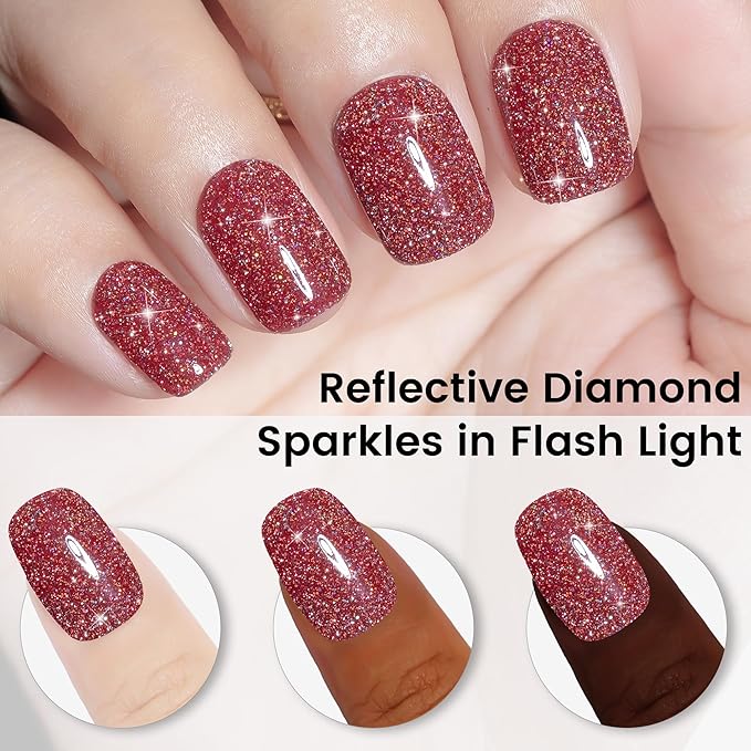 YTD Likomey Colorful Reflective Glitter Gel Nail Polish,15ml Red Flash Diamond Shimmer Nails Gel,Sparkly Shiny Salon Home Fall Winter Manicure UV Varnish,SZ395