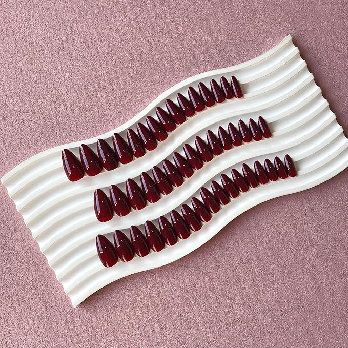 Burgundy Red Press on Nails Almond Shaped 48Pcs Neutral Thick Fake Nails for Women, Medium Almond Nails Press on Reusable Acrylic Nails Glue on Medium Length Stiletto False Nails Gel Artificial Nails
