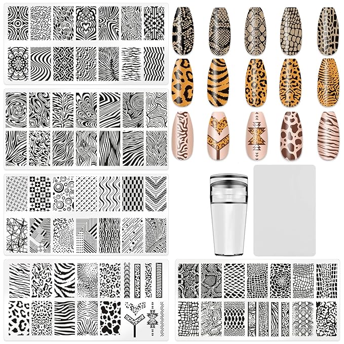 5Pcs Nail Stamping Plates Leopard Print Nail Stamps Nail Art Stamping Plates Nail Stencils Nail Plate Template Nail Art Stamping Kit Nails Accessories with 1 Nail Stamper, 1 Scraper