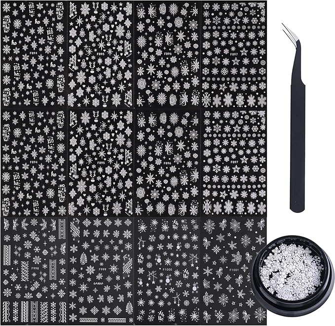 White Snowflake Nail Art Stickers 12PCS Christmas Winter Glitter Snowflakes Nail Decals with Tweezers 3D Charms Snow Flakes Stars Antlers Design Self-Adhesive Holiday Decoration Supplies for Women