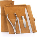 GERMANIKURE 4pc Manicure Set in Yellow Suede Case - FINOX Stainless Steel Tools Made in Germany, Glass Nail Care Supplies Made in Czech Republic – Professional Cuticle and Nail Care Kit
