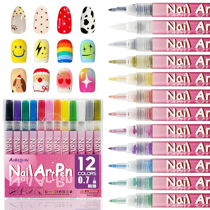 12 Colors Nail Art Pens Set 3D Nail Polish Pens Graffiti Dotting Pen Acrylic Paint Pens Point Liner Pen Drawing Painting for Nails Art Design Manicure Nail DIY Decoration (Pink A-12pcs)