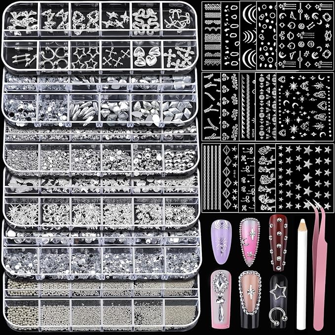 Teentior Nail Charms and Gems Silver Rhinestones for Nails with 15 Sheets Nail Stickers, 6 Boxes Nail Gems Y2K Accessories Pearls for Nails, Cross Nail Charms for Nails Design Caviar Beads for Nails