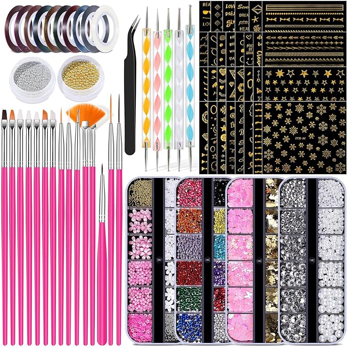 20 Nail Art Brushes Kit with Striping Tapes, Rhinestones, Pearls, Butterfly Sequins, Flower Charms & Gold Stickers for Nails DIY Manicure Gifts (Rosy)