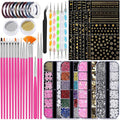 20 Nail Art Brushes Kit with Striping Tapes, Rhinestones, Pearls, Butterfly Sequins, Flower Charms & Gold Stickers for Nails DIY Manicure Gifts (Rosy)