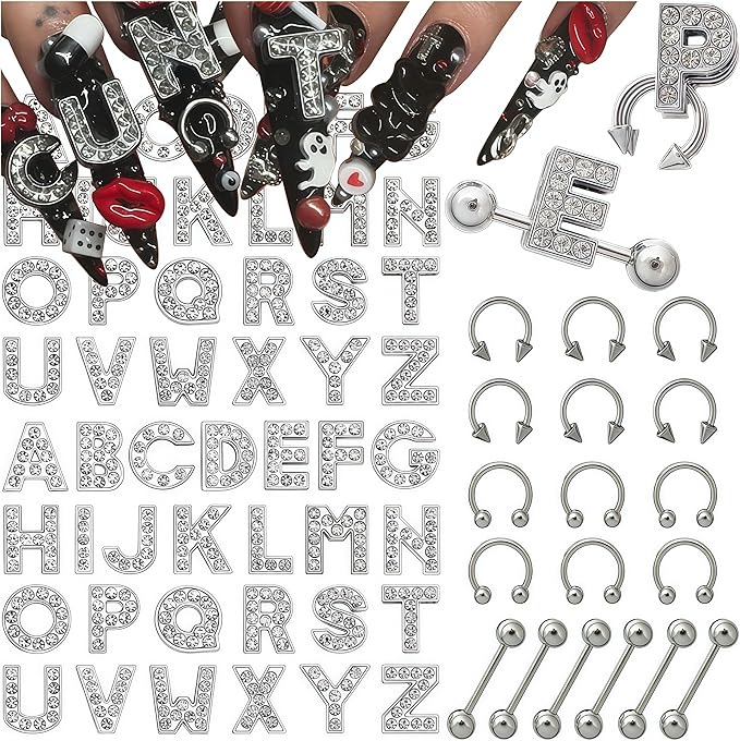70PCS Nail Charms Alloy Sliver Large Letters Charm Piercing Nail Charms for Nails Design，3D Y2k Nail Jewels Bulk Nail Art Decor Set