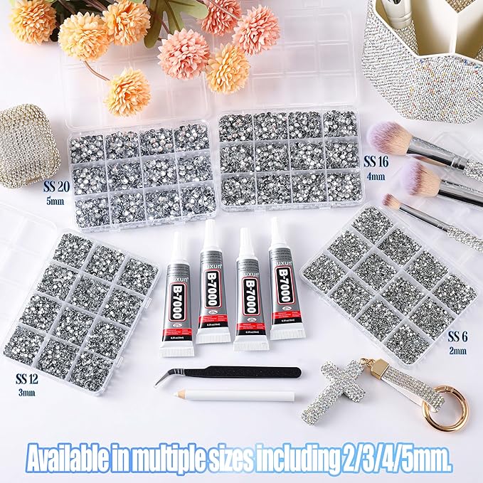 38000Pcs Bedazzling Kit with Rhinestones, Silver Clear Flatback Gems for Diamonds Art, 4 Boxes Bedazzler Kit Tweezers, Wax Pen & 4×10ml B7000 Jewelry Glue for Nail Art, Clothing, Crafts