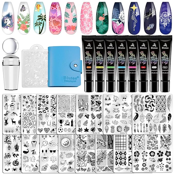 Biutee Nail Stamper Kit 15pcs Nail Art Stamp Plate 8pcs Stamp Gel Polish 1pcs Nail Stamper Scraper Set with Storage Bag, Nail Stamp Template Kit Valentine's Day Flower Lace Animal Star Design