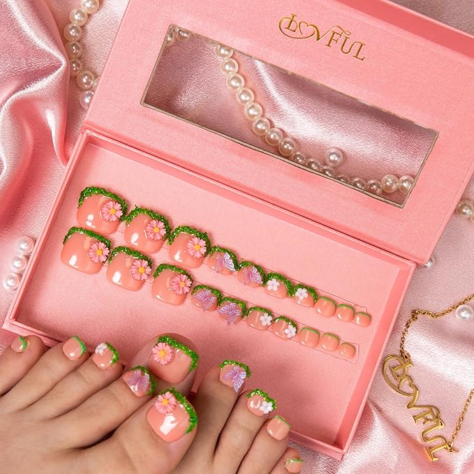 LOVFUL Handmade Acrylic Press on Toenails Fairy Tale Garden | Salon Quality 20 PCS Free Size Toe Nails | Reusable Fake Nails for Toe | T151