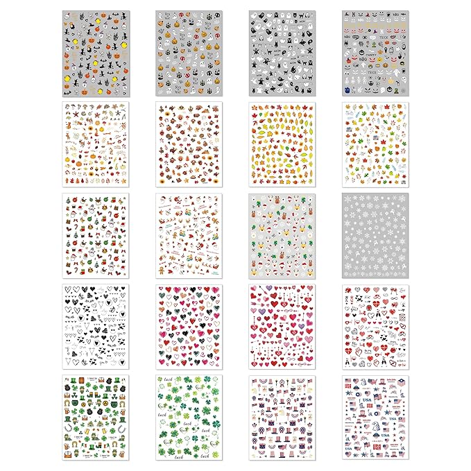 TailaiMei 20 Sheet All Holidays Nail Art Stickers, Mixed Seasons Variety Pack for Halloween Fall Christmas Valentine's Day Nail Decals, Self-Adhesive Design Year Round Assorted Nail Decorations
