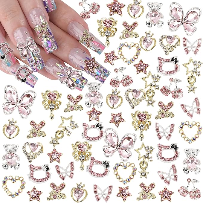24PCS Pink Nail Charms Y2k Alloy Nail Art Rhinestone Charms 3D Heart Star Sailor Moon Nail Charms with Rhinestones Bear Cherry Nail Gems Shiny Jewelry Nail Decorations Supplies B
