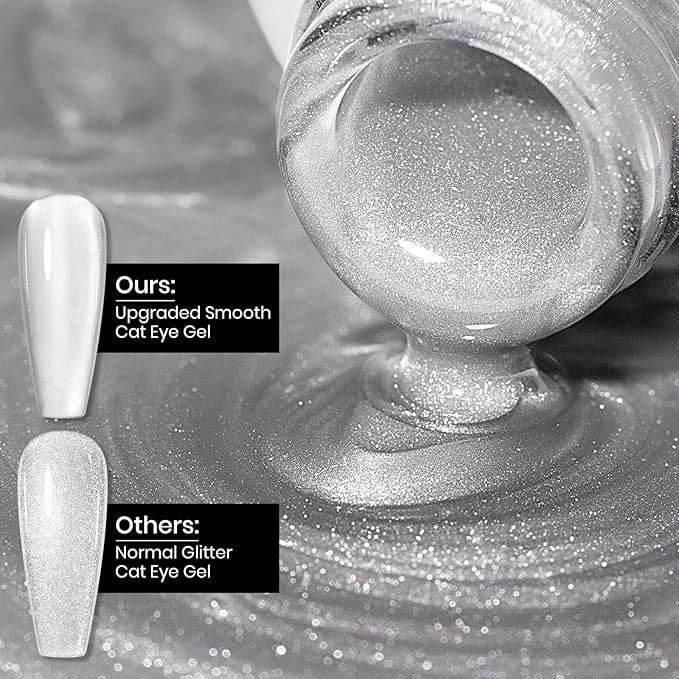 MIZHSE Cat Eye Gel Nail Polish, 12mL Silver Cateye Gel Polish Glitter Moonlight Cat Eye Effect Soak Off U V LED Gel Polish for Nail Art Manicure Salon Home DIY