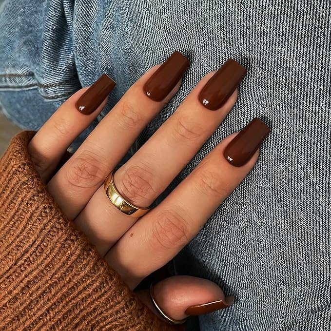 KQueenest Fall Press on Nails Long Medium Square, Dark Brown Fake Nails Medium Coffin, Glossy Sheer Coffee Brown Acrylic Nails Press ons, Reusable Soft Gel Glue on Nails for Women DIY Manicure