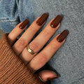KQueenest Fall Press on Nails Long Medium Square, Dark Brown Fake Nails Medium Coffin, Glossy Sheer Coffee Brown Acrylic Nails Press ons, Reusable Soft Gel Glue on Nails for Women DIY Manicure