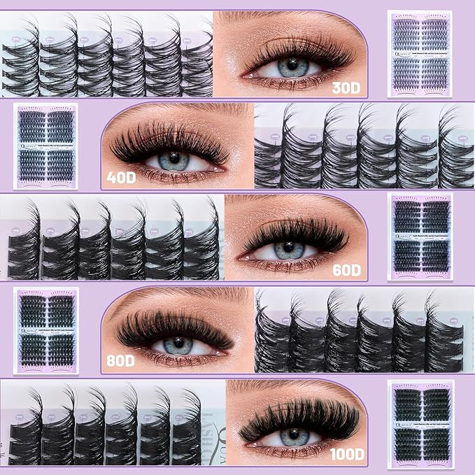 Lash Extension Kit 30-100D Volume Eyelash Extensions Kit 7-16mm Individual Lashes Clusters D Curl with Bond and Seal Remover Tweezers Lash Curler DIY Lashes at Home
