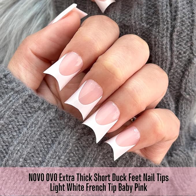 NOVO OVO Extra Thick Duck Nails Short with Moon Curve Light White French Tips BABY PINK Full Cover for Press on Acrylic, Flare Wide French Soft Gel Fake False Nail Extension x 15 Sizes 240 pcs