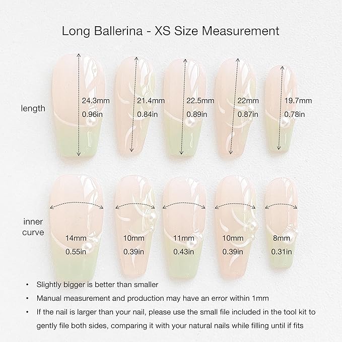 Long Ballerina Press On Nails, Pearl-Decorated Pink and Green French Tips, Handmade False Nail 10 Pieces (XS,LB)
