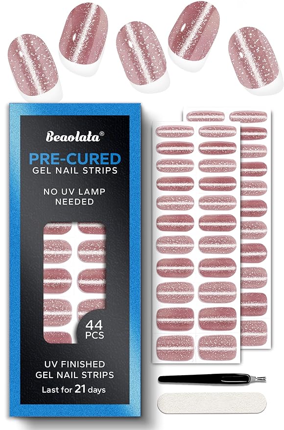 Pre Cured Gel Nail Strips - 44PCS Salon Quality Gel Nail Stickers - Long Lasting Polish Wraps for Women no UV Light Needed Easy Apply & Remove (Starry Pink Sky