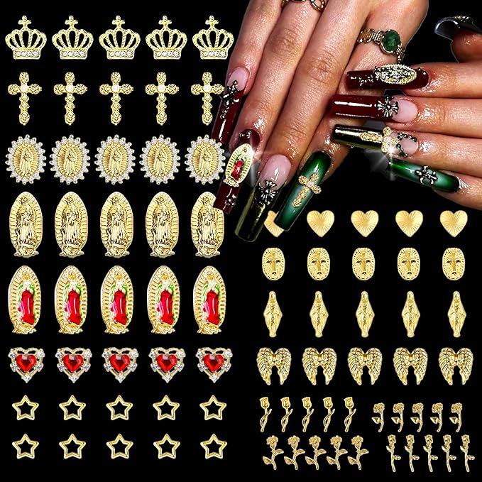 80Pcs Gold Virgin Mary Nail Charms Set with Crowns, Crosses, Hearts, Angel Wings, Stars,four types of Roses, for Women Girls Nail Decorations DIY Craft