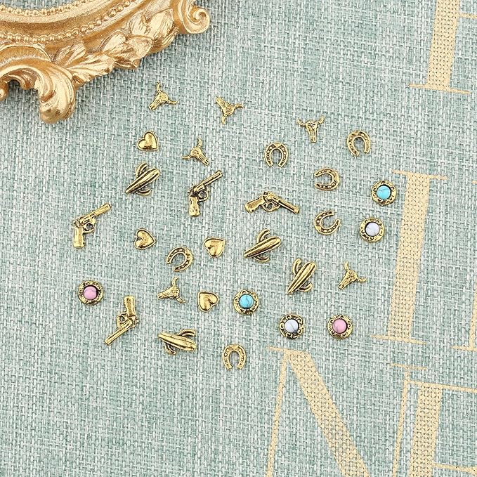 30 PCS Western Nail Charms - Retro Metal Cowboy Cowgirl Turquoise Nail Charms Western Stickers Decals Gems Decor, Vintage Turquoise Jewelry for DIY Crafts Art Accessories
