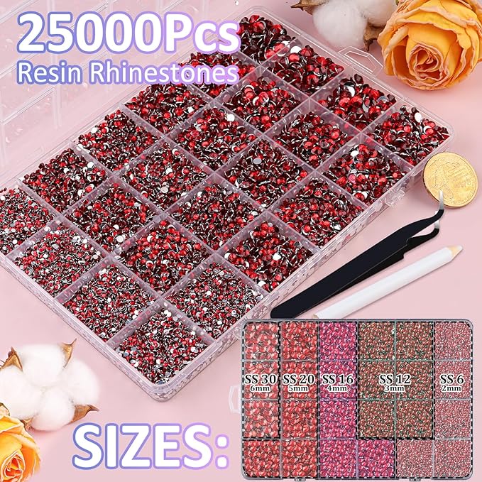 25000Pcs Resin Rhinestones for Crafting, Red 2-6mm Mixed Sizes Non Hotfix Flatback Gems, Bedazzling Crystal for DIY Crafts Clothing Tumblers Mugs Shoes Fabric Nail Art