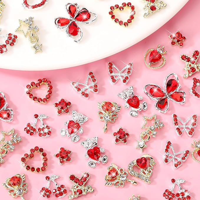 24PCS Red Nail Charms Y2k Alloy Nail Art Rhinestone Charms 3D Heart Star Sailor Moon Nail Charms with Rhinestones Bear Cherry Nail Gems Shiny Jewelry Nail Decorations Supplies C