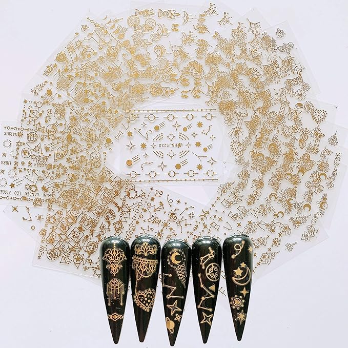 NAIL ANGEL 24 Sheets Nail Art Adhesive Gold Color Sticker Sheets Moon Star Universal Flower Shapes Sticker Sheets Nail Art Deco 10057