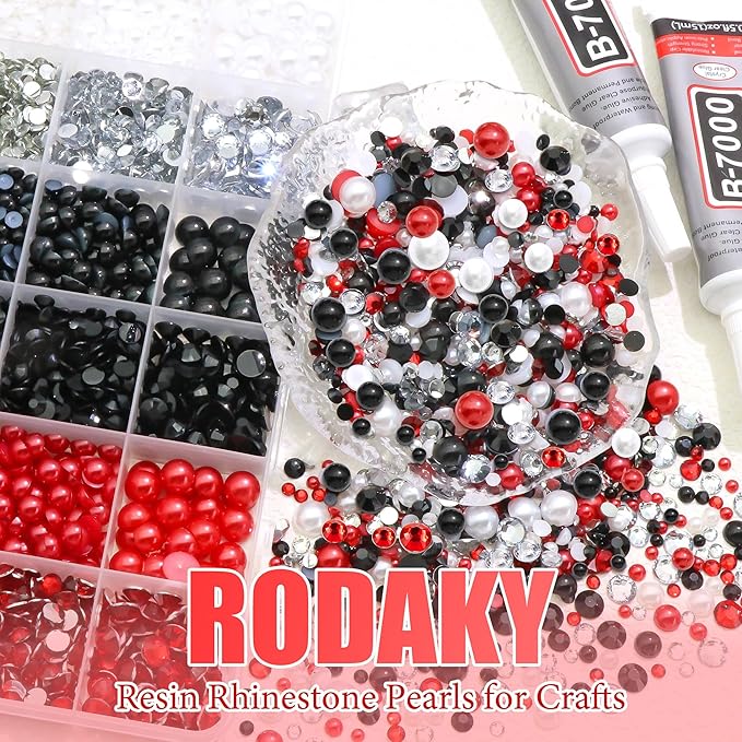 RODAKY 9000PCS Rhinestone Pearls for Bedazzling Red Black White Flatback Gems Half Pearls for Crafting Diamond Making Kit Clothing Shoes Nail Decor with Glue Tweezer Pickup Pen
