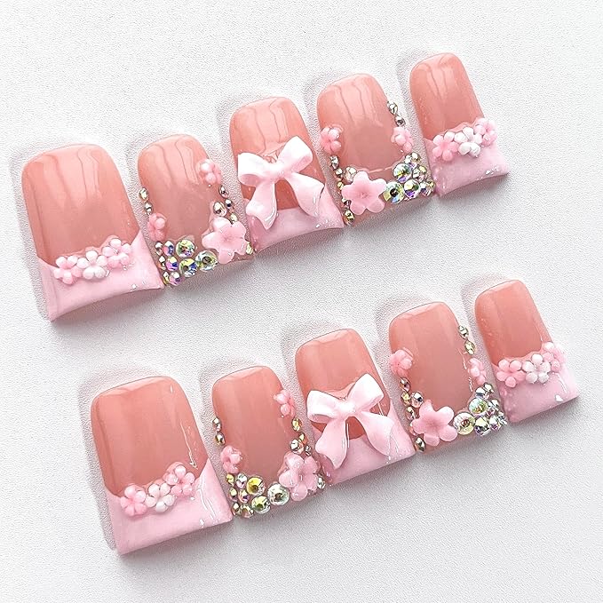Luxury Press on Nails Short Duck Handmade 3D Unique Reusable ABS Material Fake Nails French Tip False Nails with Designs Bow Rhinestones Flower Pink Glossy Glue on Nail Thick Acrylic Nail(S)