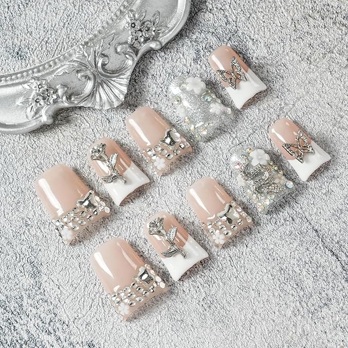 Handmade Press on Nails Short Duck White French Tip Thick Acrylic Fake Nails 3D Floral Metallic Rose Butterflies Luxury Rhinestone Design (Silver Ash Butterfly Sheen,L)