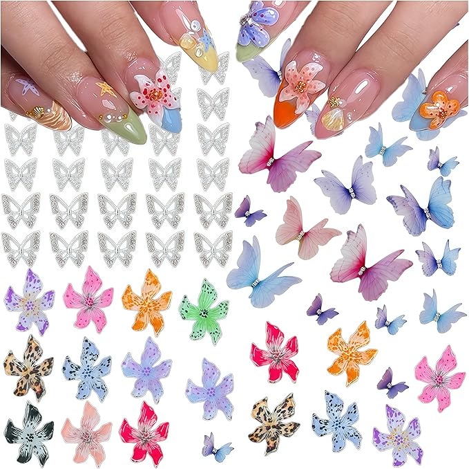 120PCS Nail Charms Alloy Sliver Butterfly Gauze Butterfly Charm Soft Crystal Flower for Nails Design，3D Y2k Nail Jewels Bulk Nail Art Decor Set