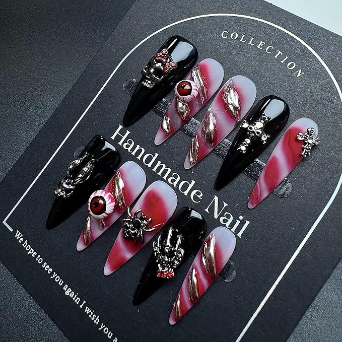 100% 5D Handmade Press on Nails Halloween Nails Balck Long Stiletto Nails Press ons Gothic False Nails with Skeleton Evil Eye Spider Charms Fake Nails for Women Girls Daily Wear DIY Manicure Size M