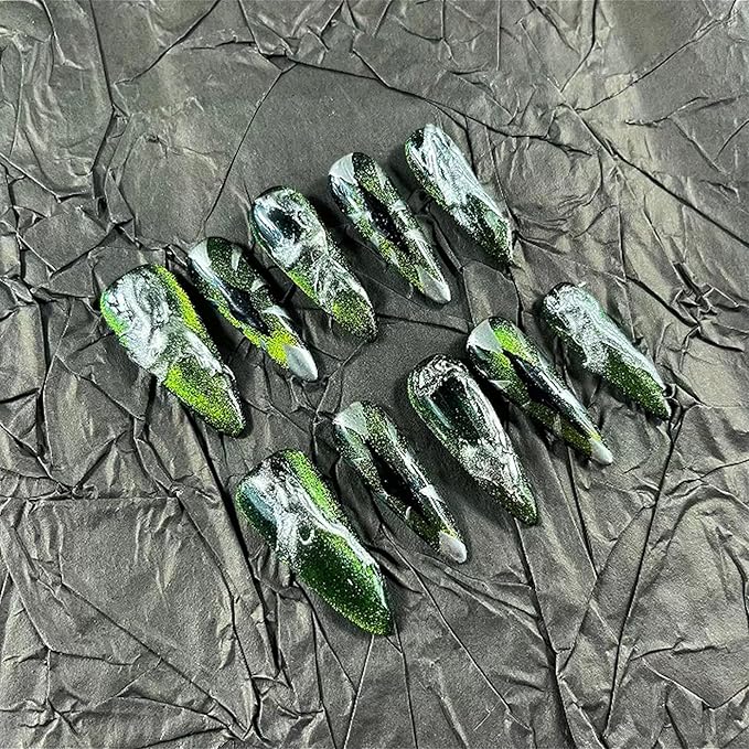 Press on Nails Handmade Nails 10Pcs Dark Gothic Style Manual Press on Nails Green Eyes Fake Nails for Women Party Holiday Photo Size M