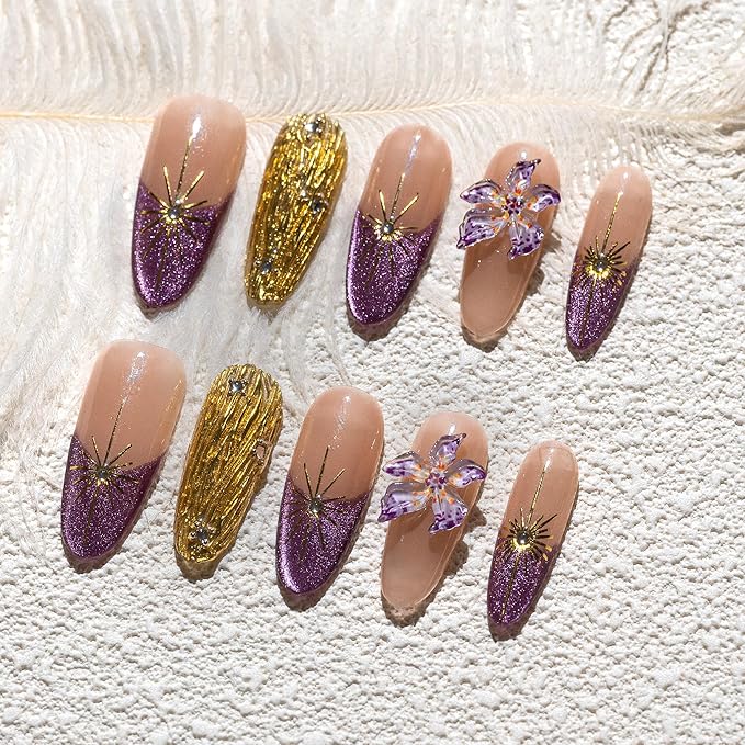 Sun&Beam Nails Handmade Press-on Long Almond Purple Yellow Rhinestone Hand-Painted Gradation Design Fashion False Nail Tips 10 Pcs Set (#222 XS)